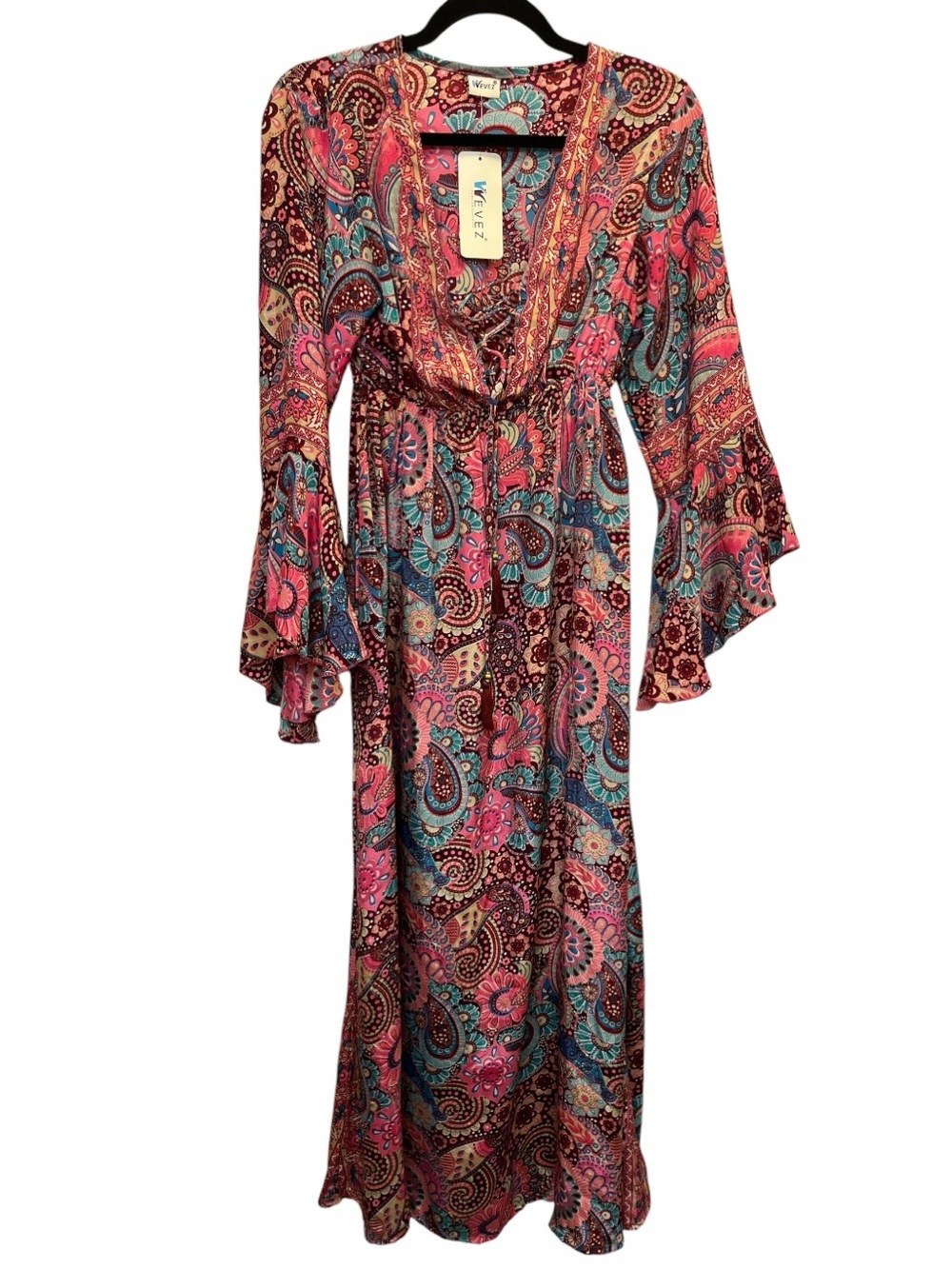 Wevez Silky print bell sleeve lace up front dress with tassels and elastic waist